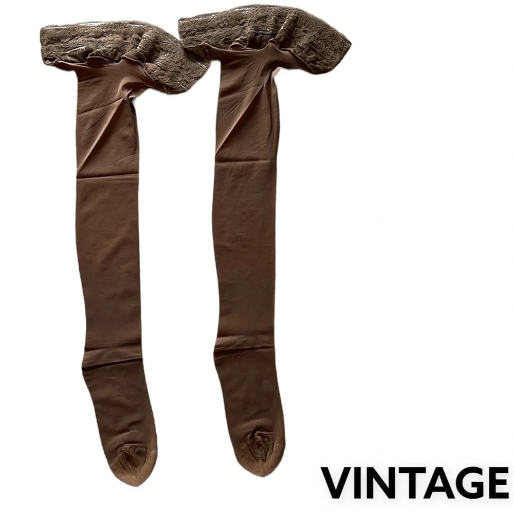 NWT ROSY Chocolate Brown NEW Vintage French 80s stockings stay-up lace top